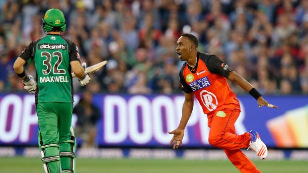 Dwayne Bravo, of the Melbourne Renegades, celebrates after taking the wicket of Glenn Maxwell last summer.