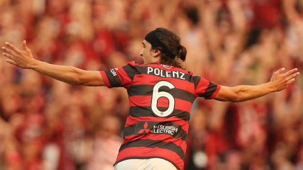 Breakthrough: Jerome Polenz of the Wanderers celebrates his goal against the Phoenix.