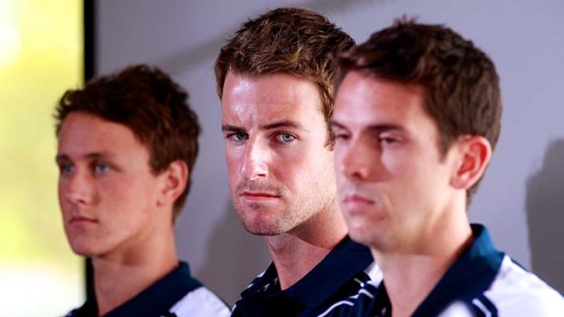 In deep water &#8230; James Magnussen, centre, with Cameron McEvoy, left, and Eamon Sullivan at their news conference on Friday.
