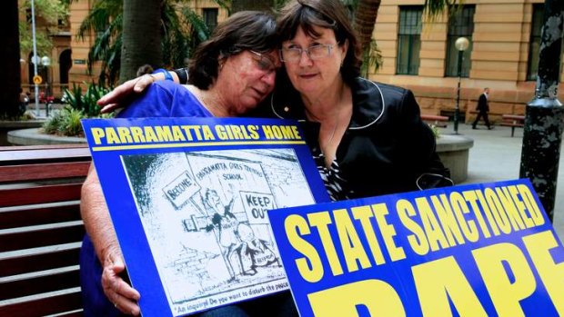 Margaret, who attended Parramatta girls home, with  founder of care leavers Australia network Leonie Sheedy, outside the Royal Commission into Institutional Responses to child sexual abuse.