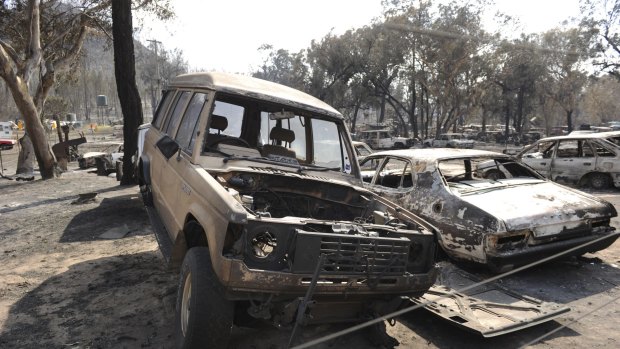 A property filled with car bodies destroyed by the fire on Black Sunday, 2013.