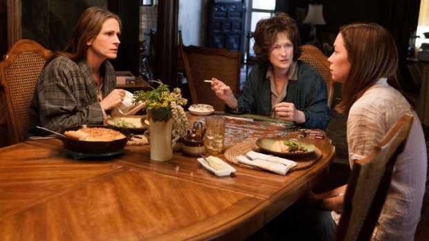 Julia Roberts, Meryl Streep and Julianne Nicholson in <i> August: Osage County</i>.
