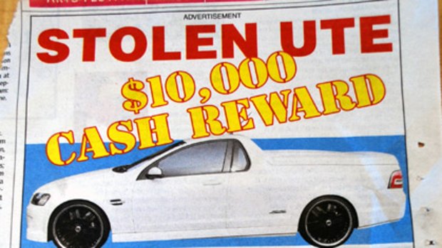 The ad taken out regarding the stolen Commodore ute.