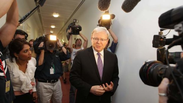 Labor MP Kevin Rudd speaks to the media during his visit to the press gallery at Parliament House this week.