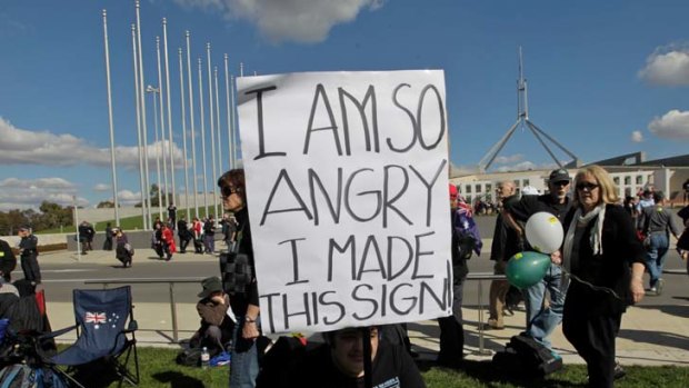 Rabble-rousing ... a protester at the No Carbon Tax rally in Canberra.
