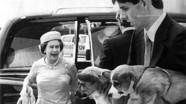 The Queen and her corgis about to board a plane for Balmoral.
