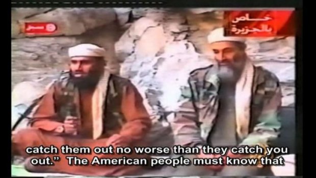 Damning evidence: Video footage shown to the court of Sulaiman Abu Ghaith (left) speaking alongside Osama bin Laden. 