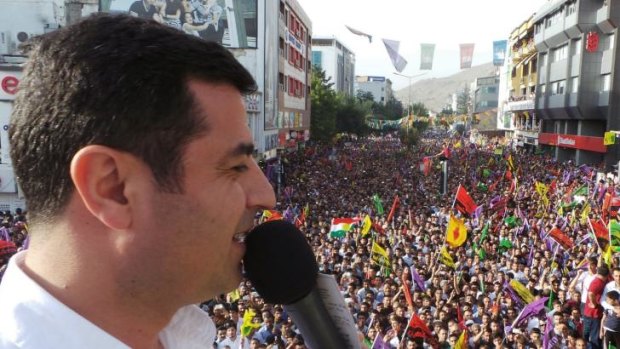 Presidential candidate Selahattin Demirtas addresses supporters in the eastern Turkish city of Van.