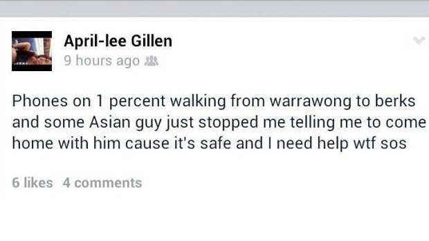 Call for help: April-lee Gillen's last Facebook message.