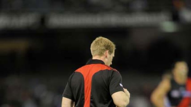 Matthew Knights at Etihad Stadium during the Bombers' defeat at the hands of the Western Bulldogs on Saturday night - the team's fourth loss in a row.