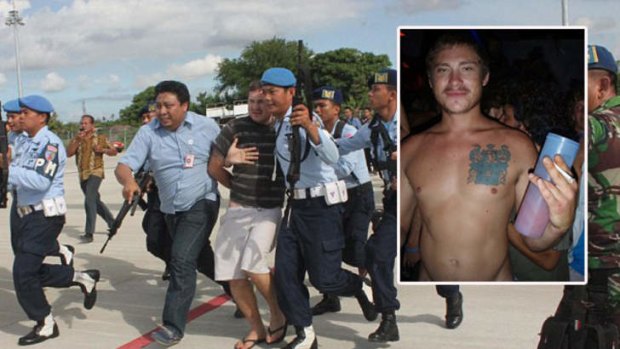 Digital composite of Matthew Lockley being escorted by Indonesian authorities and a picture from his Facebook.