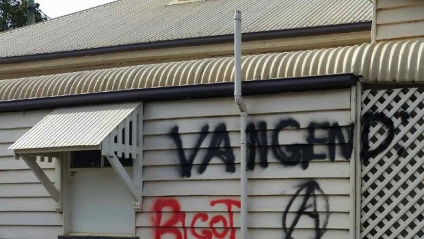 The vandalised side of David van Gend's family medical practice in Toowoomba.