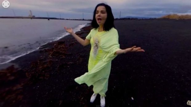 Björk dances and spins around the camera in the virtual reality video clip for her song <i>Stonemilker.</i>