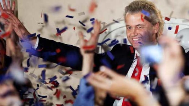 Geert Wilders celebrates his party's performance i nthe elections.