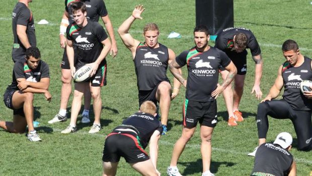 Hands up if you want to beat the Roosters: George Burgess at training on Tuesday.