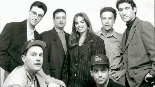 <i>The Late Show</i> team included (from back left) Tony Martin, Tom Gleisner, Mick Molloy, Jane Kennedy, Rob Sitch, Santo Cilauro and Jason Stephens. Judith Lucy is not pictured.