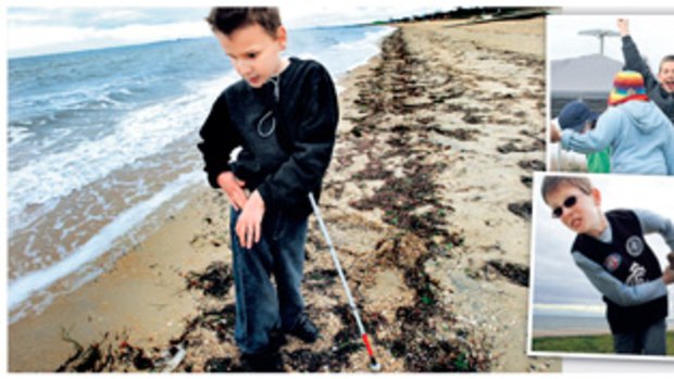 Sam Valavanis (main picture) picks up some shells at Elwood beach during a program called So You Think You Can Move, organised through Guide Dogs Victoria