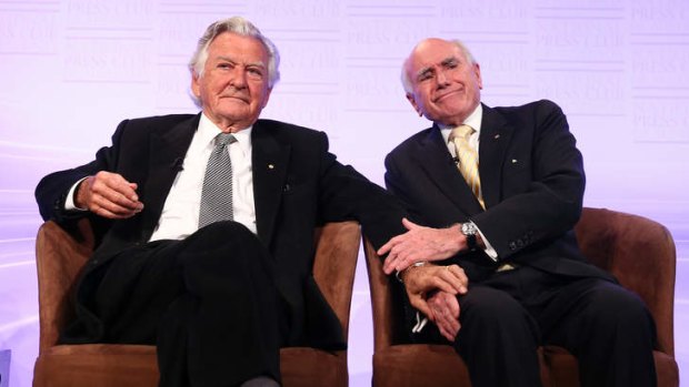 Former prime minister Bob Hawke with former prime minister John Howard at the National Press Club's 50th anniversary address.