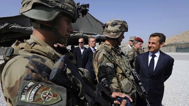France's President Nicolas Sarkozy visiting French troops in the Surobi province of Afghanistan.