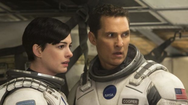 Anne Hathaway (Brand) and Matthew McConaughey (Cooper) in  the film <i>Interstellar</i>.