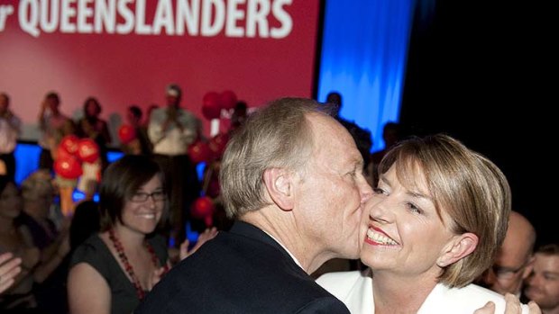 Peter Beattie kisses Anna Bligh on the cheek after her speech at the official Labor campaign launch at the Brisbane Convention Centre on March 11, 2012.