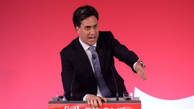 Ed Miliband makes a speech at an 'eve of poll' campaign rally in Leeds, northern England on Wednesday.