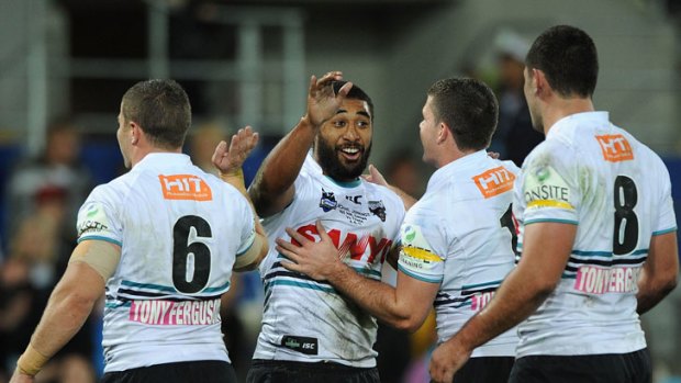 Better times ahead ... star centre Michael Jennings celebrates a try against the Gold Coast last weekend.