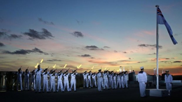 We will remember them: Crew of the Royal Australian Navy ship HMAS Stirling commemorate the departure of the first Anzac troops for the Great War 100 years ago.