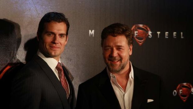 The star of the film, Henry Cavill, with Russell Crowe at the Sydney premiere of Man of Steel.