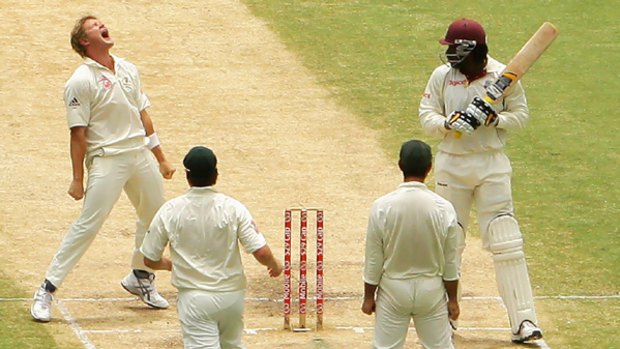 Shane Watson taunts West Indies captain Chris Gayle after he is dismissed off the all-rounder's bowling.