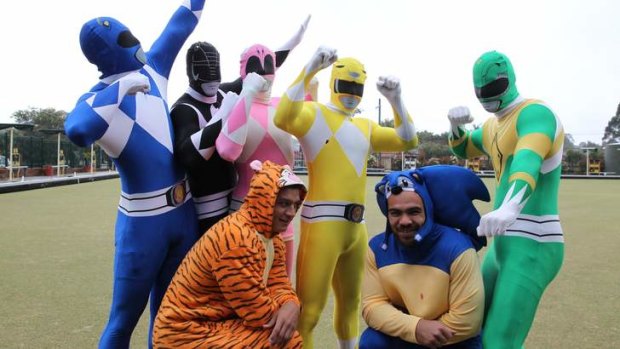 Costume drama:  Tim Lafai (in blue), Trent Hodkinson (black) Josh Reynolds (pink), Ben Barba (yellow),  Sam Perrett (tiger) and Dene Halatau (Sonic the Hedgehog).