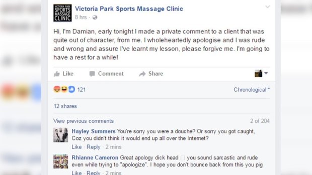 'Damian's' response following a barrage of posts on the businesses Facebook page.