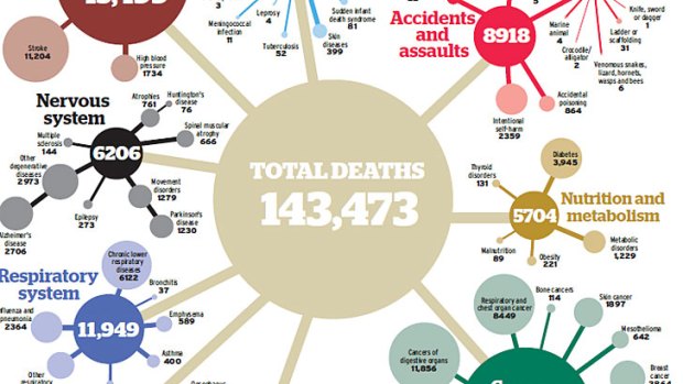 A graphical representation of Australian causes of death. To see the full image, <a href="http://images.smh.com.au/file/2012/12/29/3919080/cancer.jpg?rand=1356742625991"><b>click here</a></b>.