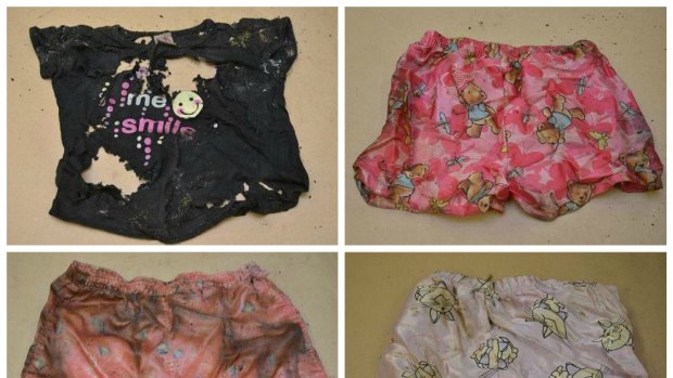 The mottled clothes and suitcase label found with a child's body in South Australia. 