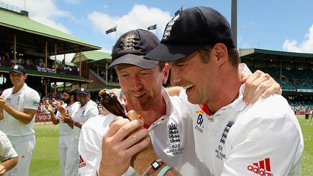 This is it ... Paul Collingwood, left, and Andrew Strauss with a replica urn after England's victory in the Ashes series this year.