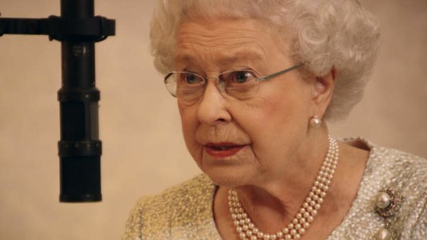 The Queen recording Christmas message radio broadcast scene from the documentary series <i>Our Queen</i> on ABC1.
