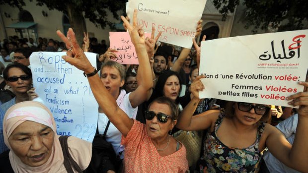 Need to know where they stand ... women protest in Tunis.