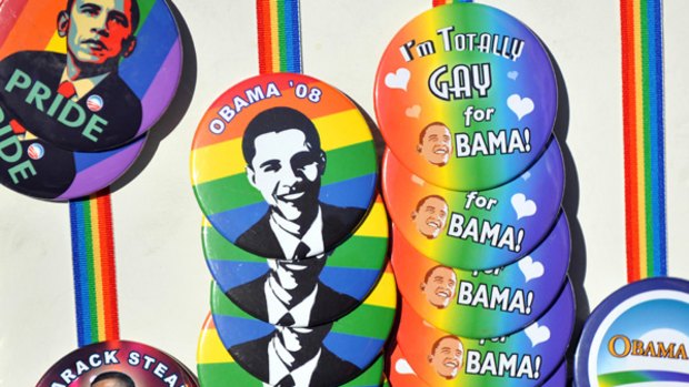 Badges featuring pictures of US President-elect Barack Obama during a demonstration to condemn the ban of same-sex marriages.