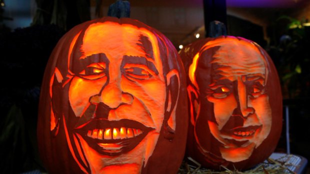 Heading for victory: The US election is a frightening prospect for some, and these carved Halloween pumpkins on show in New York will do little to allay voters' fears.