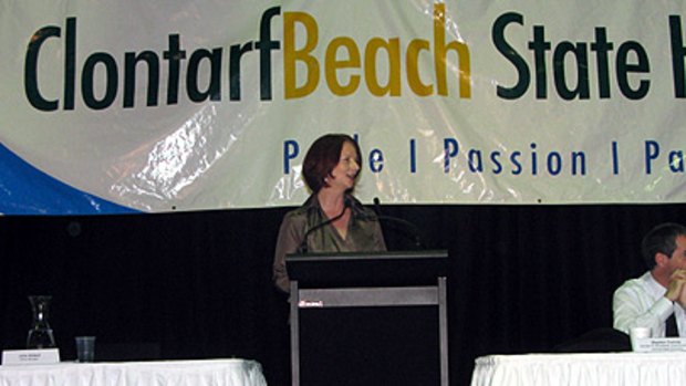 Prime Minister Julia Gillard addresses the crowd at last night's community cabinet at Clontarf Beach State High School.