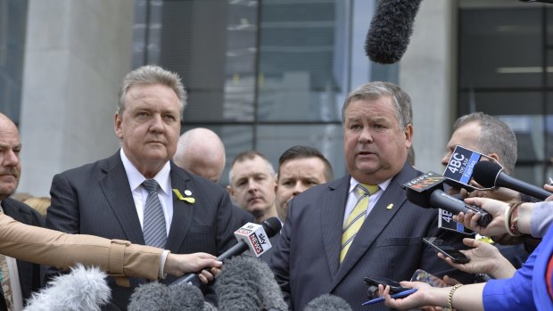 Detective Superintendents Brian Wilkins and Mark Ainsworth speaking to media after the guilty verdict was handed down.