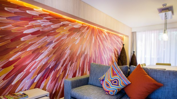 Artist Raymond Walters' eye-catching Emu Dreaming is reproduced in every unit at Emu Walk Apartments.