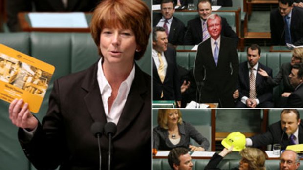 Clockwise from far left ... Government MPs screamed when Julia Gillard spotted a Work Choices mousepad, but not before they responded in uproar to a life-size cut-out of the Prime Minister. In May, Julie Bishop, showed her liking for a hard hat.
