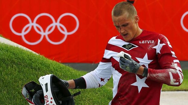 The aftermath ... Latvia's Edzus Treimanis after face-planting.