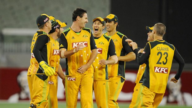 Shaun Tait celebrates the wicket of Shoab Malik during last night's nailbiting Twenty20 win over Pakistan at the MCG.