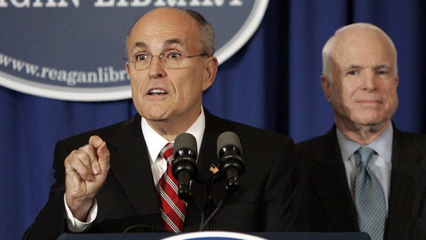 Former New York City mayor Rudy Giuliani, pictured after he withdrew his bid for the US Republican presidential candidacy in 2008, is on his way to Brisbane.