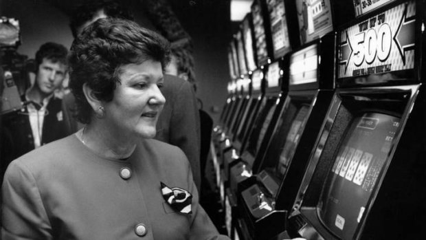 Then Victorian Premier Joan Kirner opens the new poker machine venue at the Essendon Football Club (Windy Hill) in 1992.