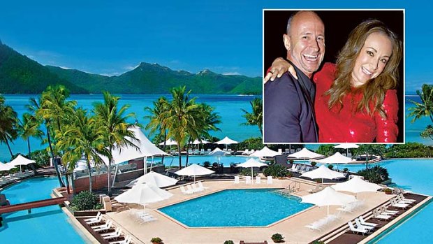 Hayman Island and (inset) Michelle Bridges with husband Billy.