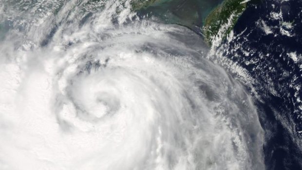 A NASA Aqua satellite image shows Typhoon Kalmaegi in the South China Sea. 