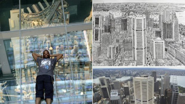 Top of the world ... Stephen Wiltshire in Sydney Tower; Wiltshire's sketch from memory of the cityscape.